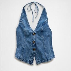 American Eagle Outfitters Blue Denim V-Neck Halter Vest